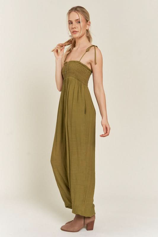 Jade By Jane Smocked Tie Strap Jumpsuit-Plus Size - SwagglyLife Home & Fashion